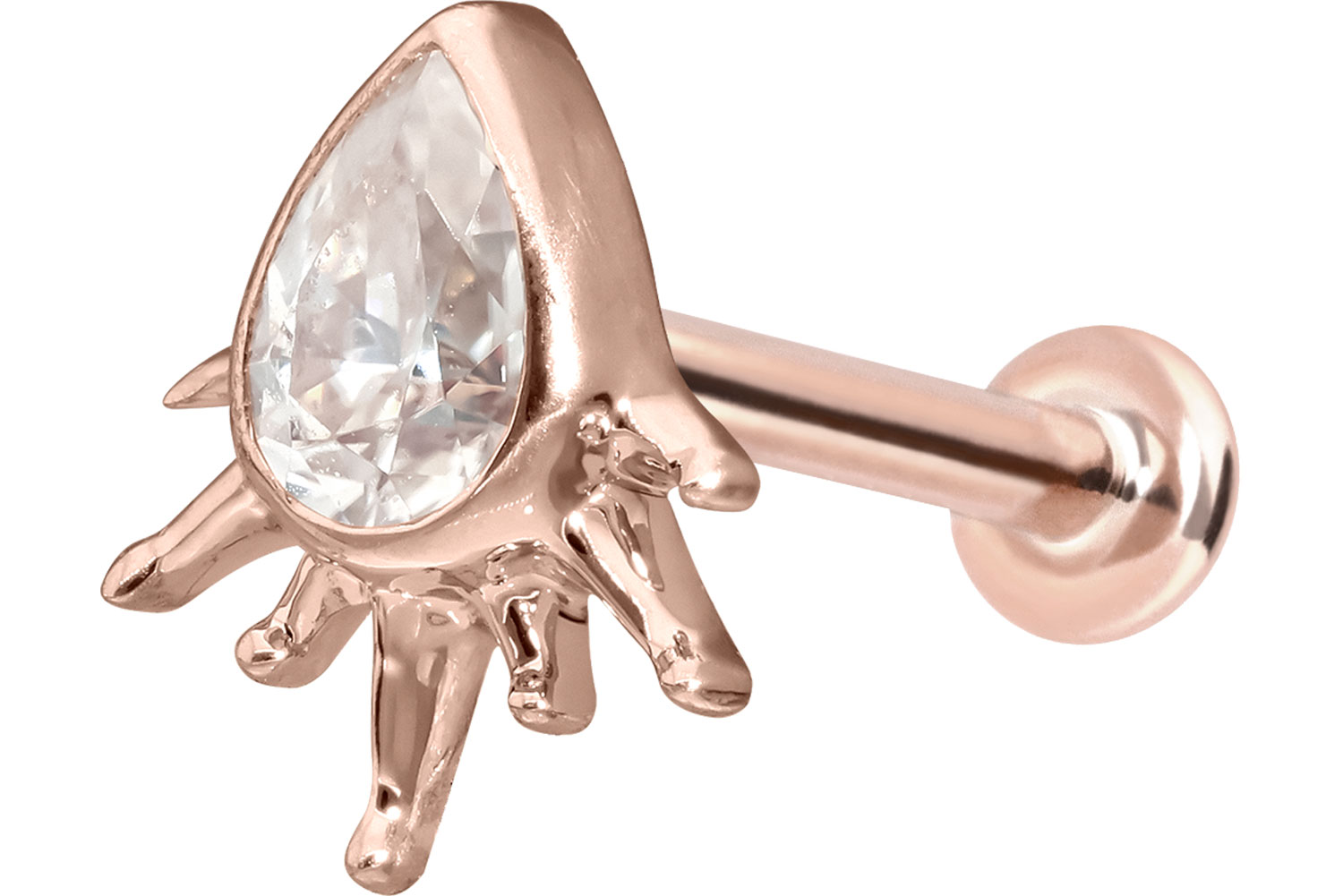 14 Karat Gold Labret Piercing mit Push Fit MOISSANIT-TROPFEN + SONNENSTRAHLEN